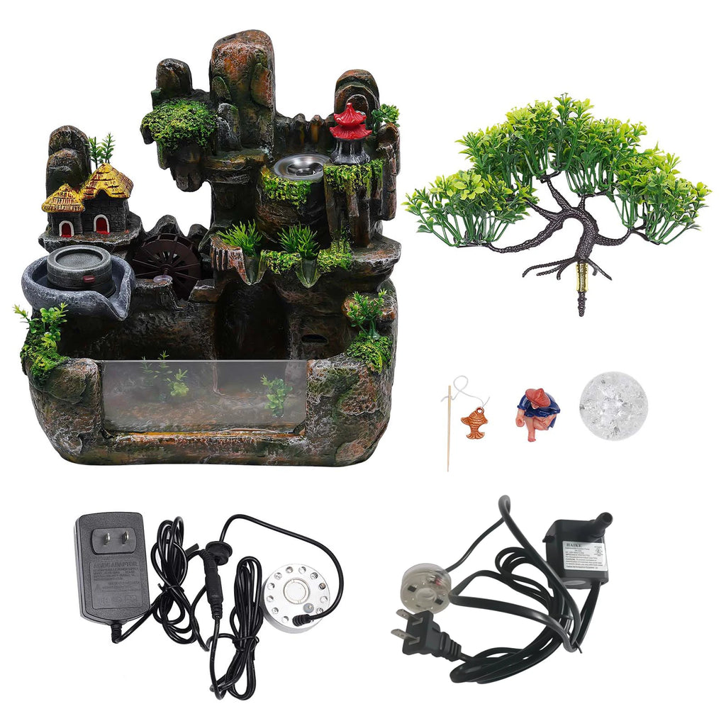 Lucky Feng Shui Money Tree Water Fountain, Circulating Fish Tank Waterfall with Resin Rockery, for Wealth Success & Home Decor Gift