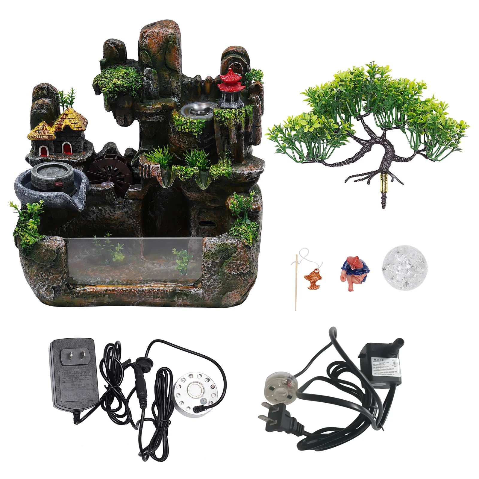 Lucky Feng Shui Money Tree Water Fountain, Circulating Fish Tank Waterfall with Resin Rockery, for Wealth Success & Home Decor Gift
