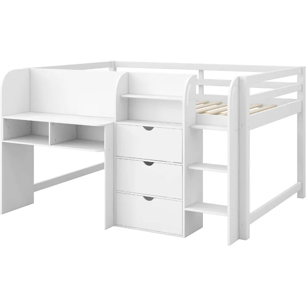 Modern Farmhouse Style Kids' Full Size Loft Bed with Desk, Storage, and Bookcase