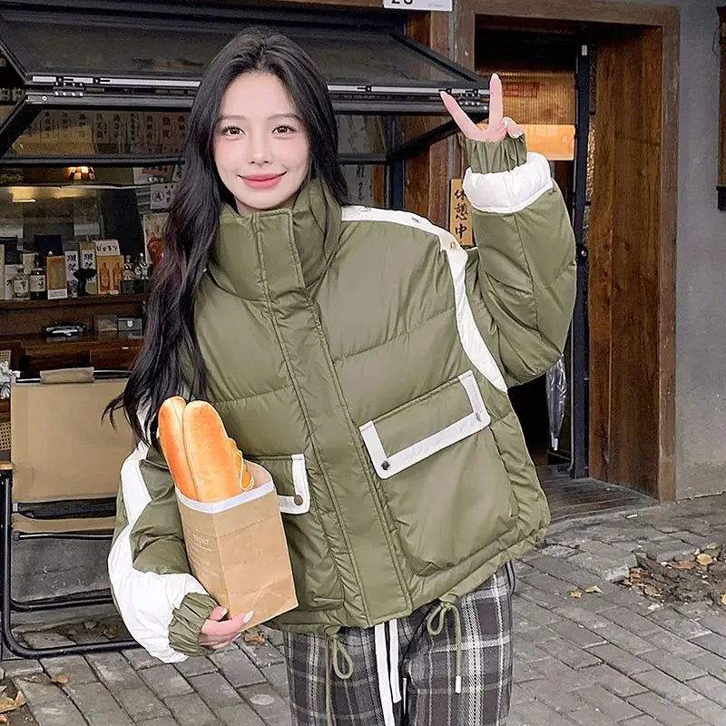 Y2K American New PU Fashion Solid Color Stitching Short Leisure Sports Cotton-padded Jacket Female Joker Loose Leather Coat