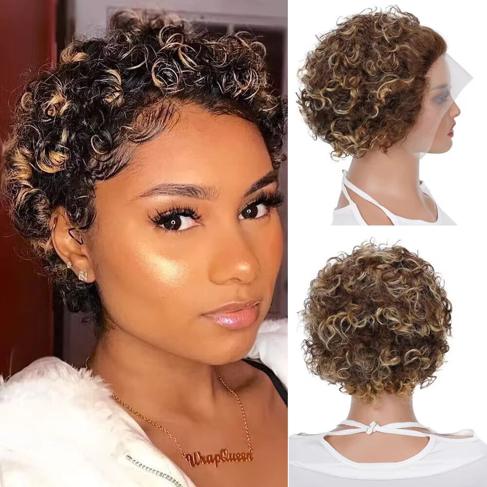 P4/27 Short Pixie Cut Curly Styled Bob Wig Hightlight Lace Front Wig Deep Wave Short P4/27 13x1 100% Human Hair Daily Wig 6inch