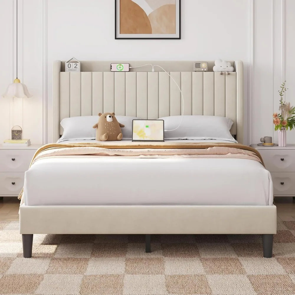 Queen Bed Frame with USB Charging Station and Storage Shelf/Upholstered Headboard Platform Bed with Wing Side/Wooden Slats