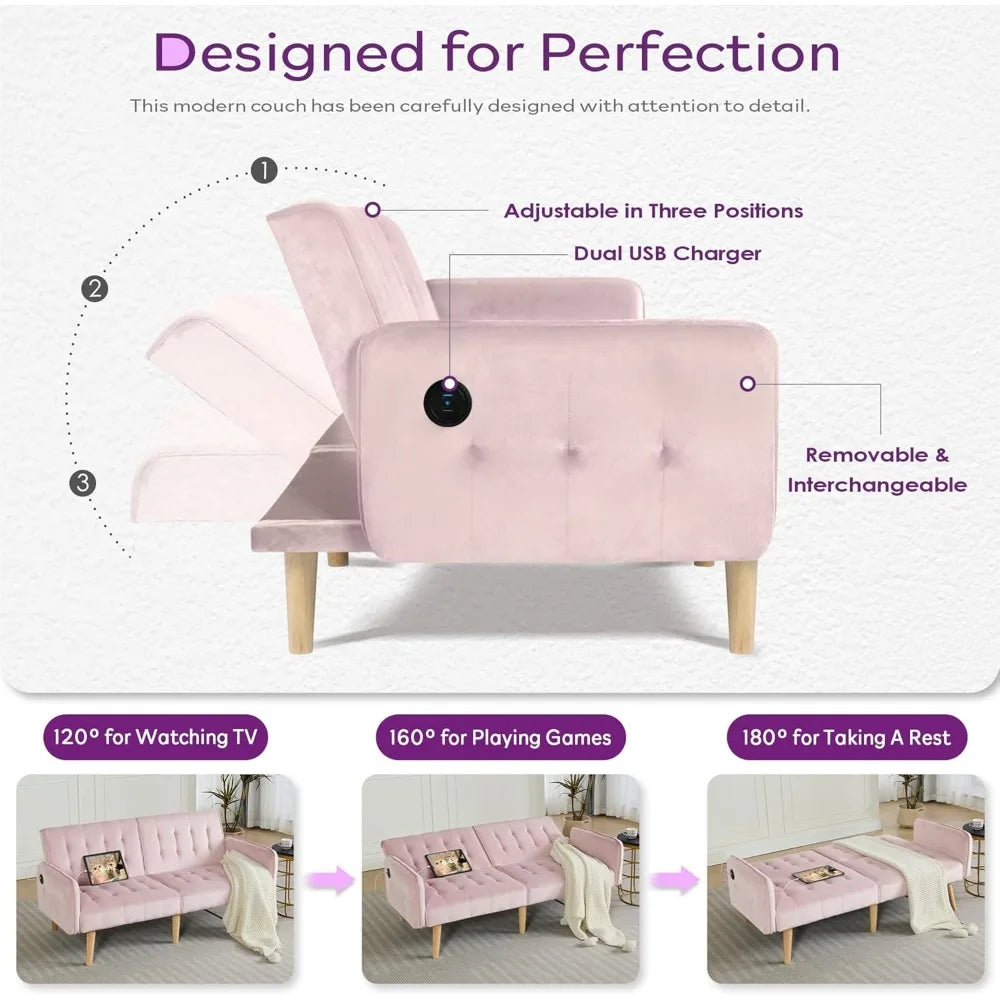 65-inch Wide Velvet Modern Convertible Futon Sofa Bed with USB Charging Ports and Arms, Ideal for Compact Living Spaces
