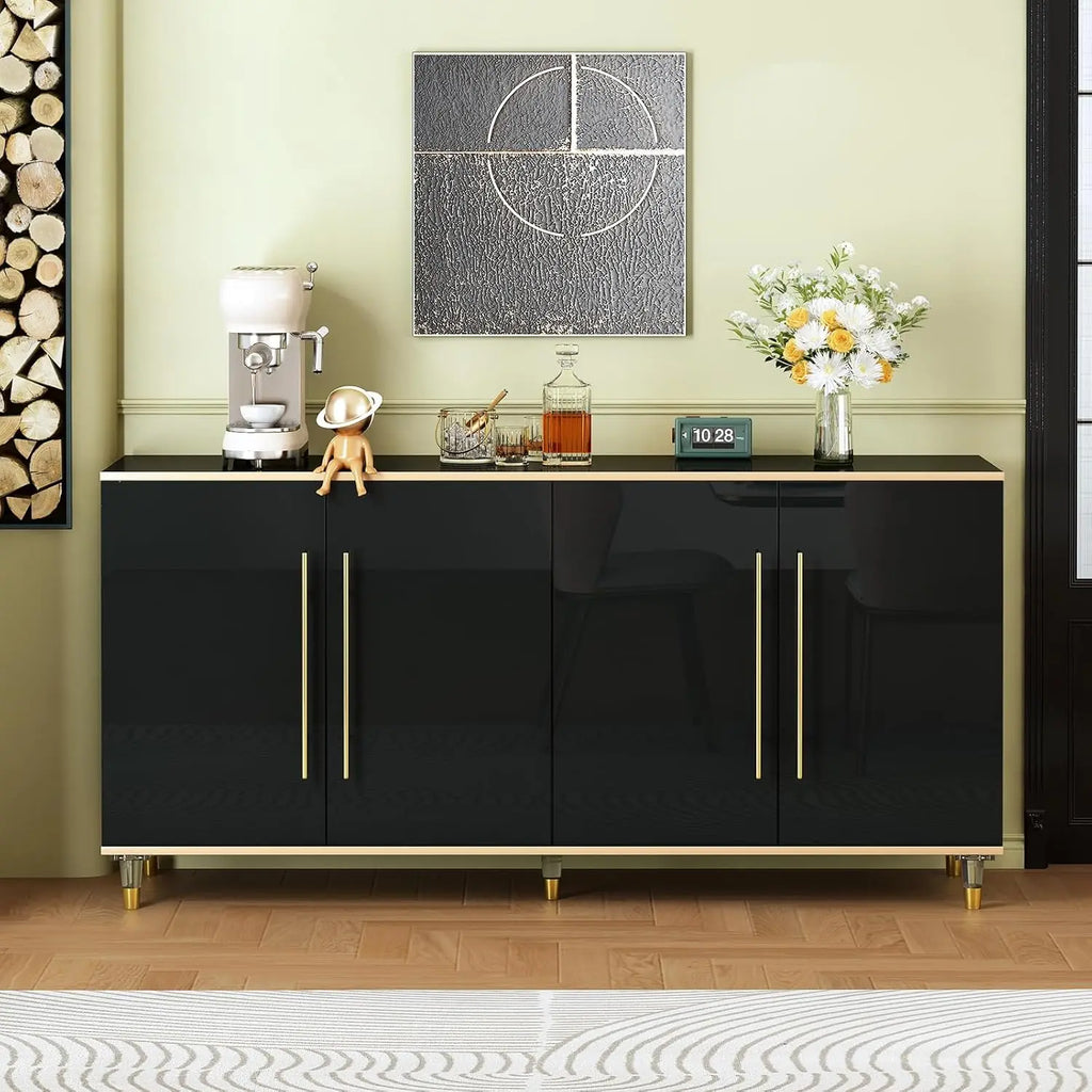 63" Sideboard Buffet Cabinet with Storage, Console Cabinets with Adjustable Shelves & Doors, High Glossy Black