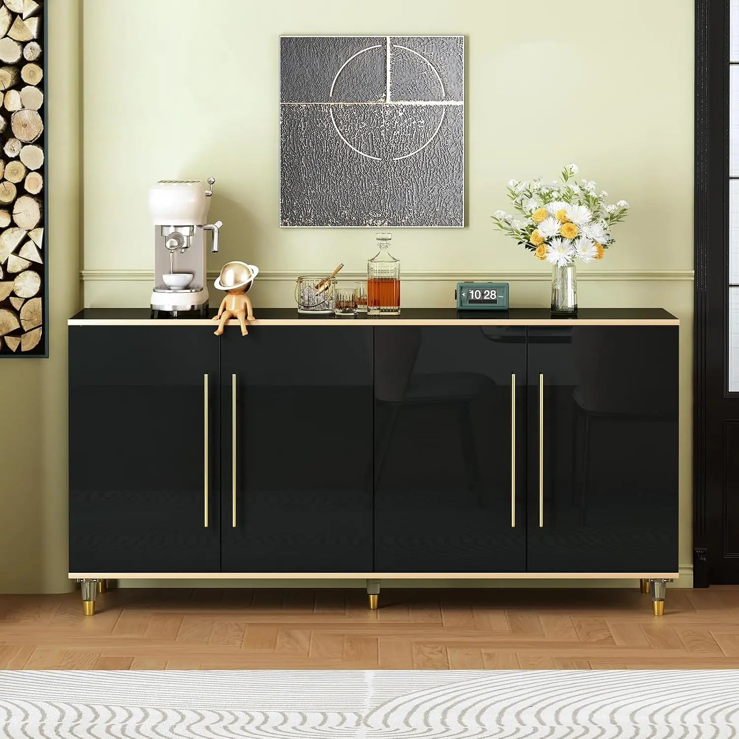 63" Sideboard Buffet Cabinet with Storage, Console Cabinets with Adjustable Shelves & Doors, High Glossy Black