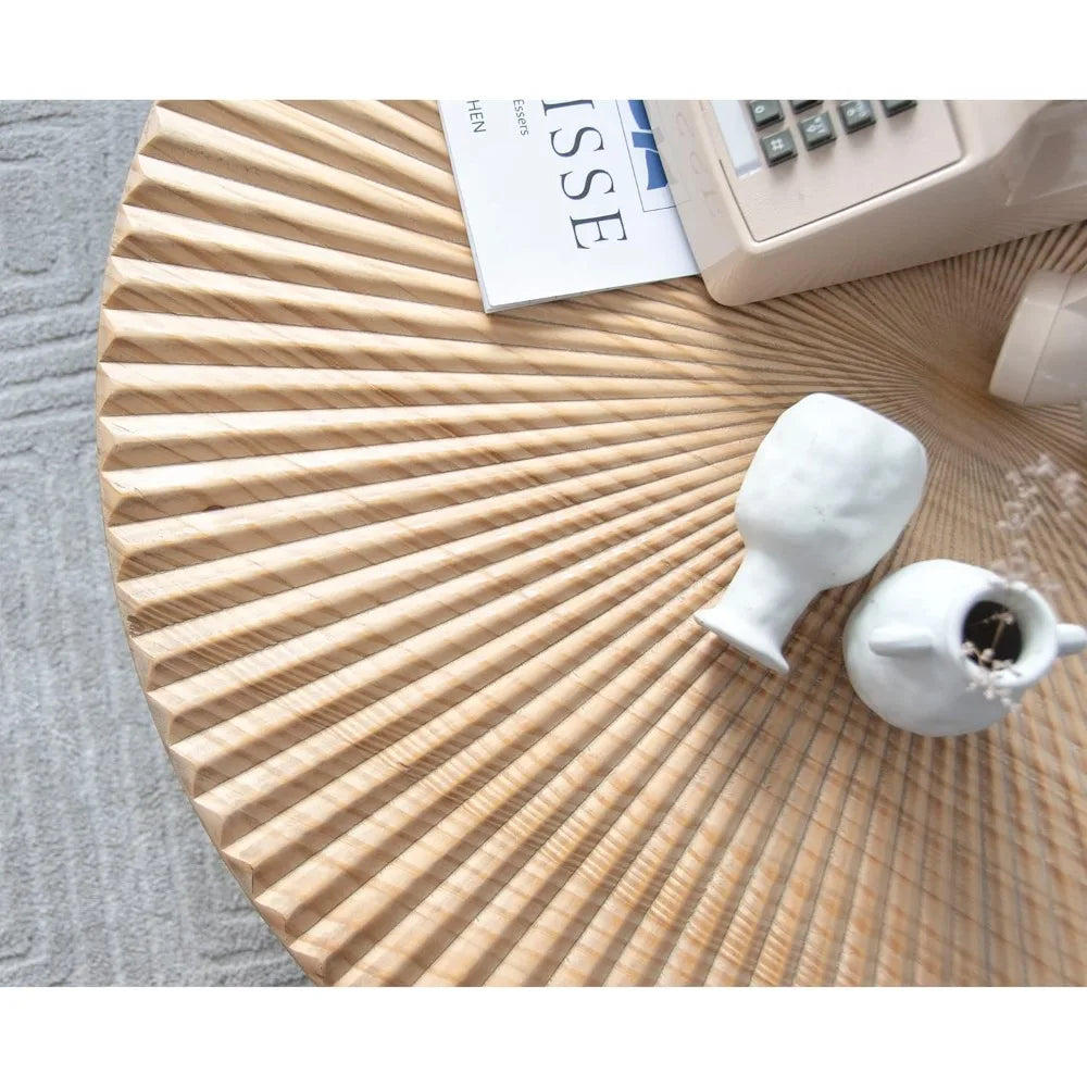 2-Piece Farmhouse Nesting Table Round with Handcrafted Wood Radial Pattern, Modern Coffee Table Set for Living Room