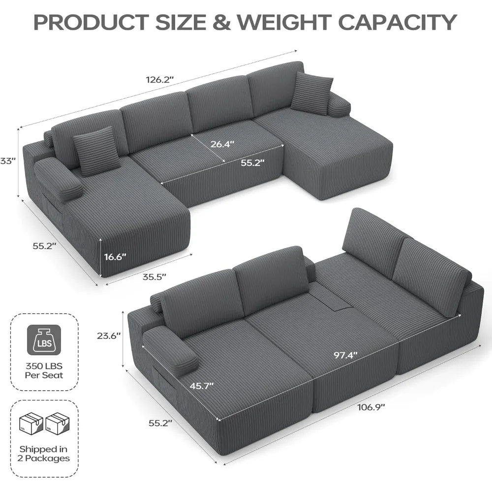 126.2'' Modular Sectional Sofa, Convertible U- Shaped Cloud Couch with Memory Foam, Corduroy Boneless Sectional Couches