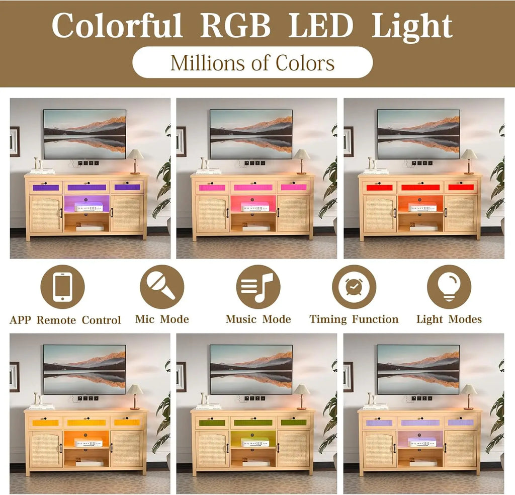 LED TV Stands for for 65" TV, Entertainment Center with 2 Storage Cabinets and Barn Doors, 59" TV Console with 3 Drawers