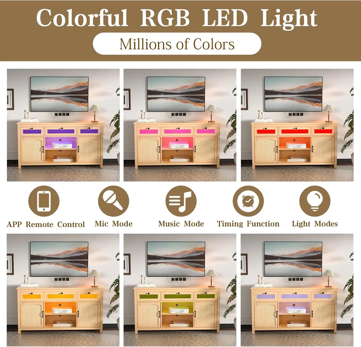 LED TV Stands for for 65" TV, Entertainment Center with 2 Storage Cabinets and Barn Doors, 59" TV Console with 3 Drawers