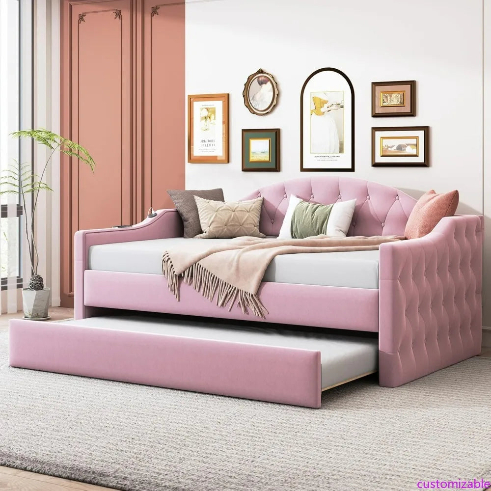Twin Velvet Daybed with Trundle and Tufted Sofa Bed, USB & Type-C Ports Included