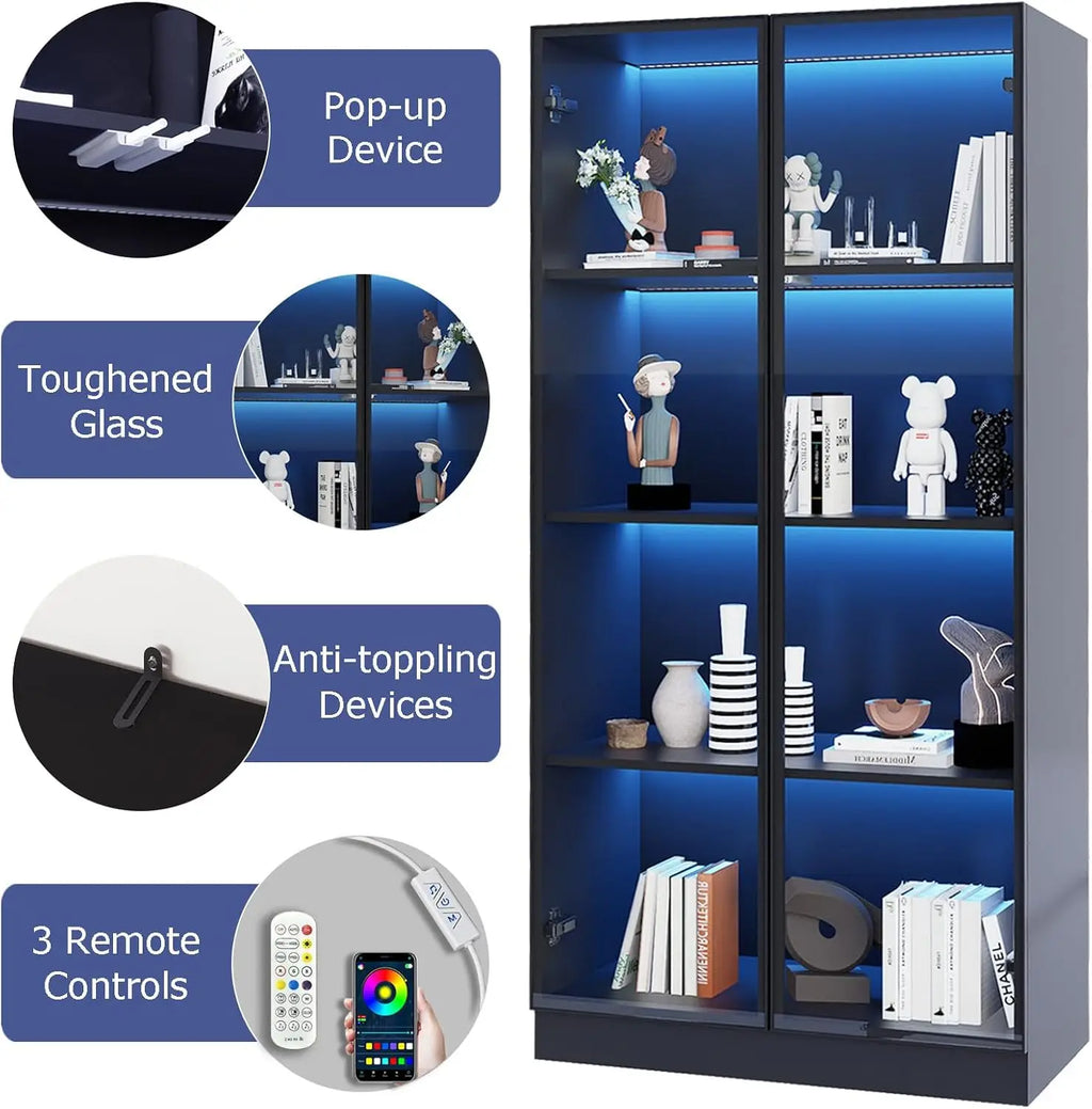 Glass Display Cabinet with LED Lights, Display Case Bookcase with 4-Tier Shelves, Curio Cabinet with 2 Glass Doors