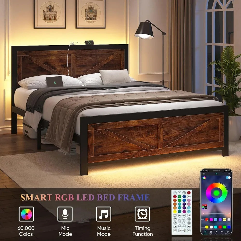 Led Bed Frame Queen Size with Charging Station, with Rustic Barn Door Wood Headboard