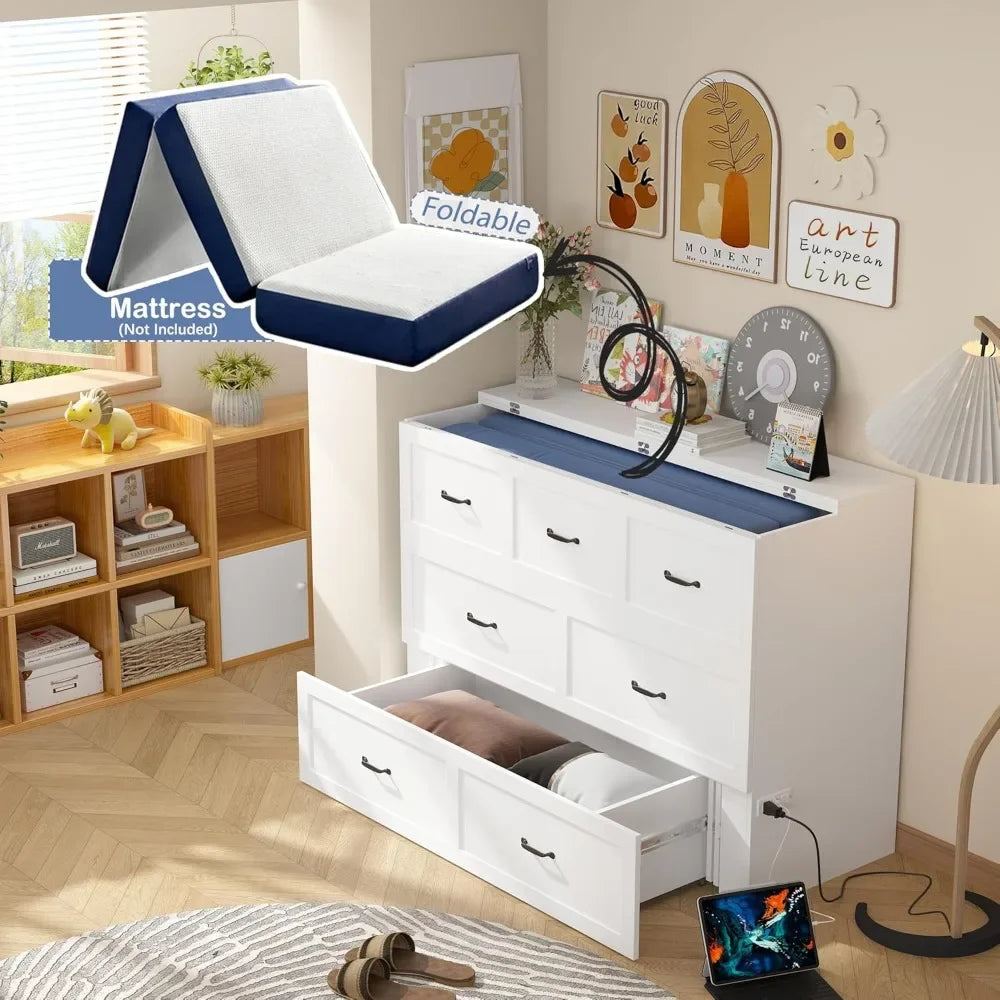 Multi-Functional Murphy Cabinet Bed, Queen Size Bed Frame, Murphy Bed Chest with Built-in Power Strip & Drawers