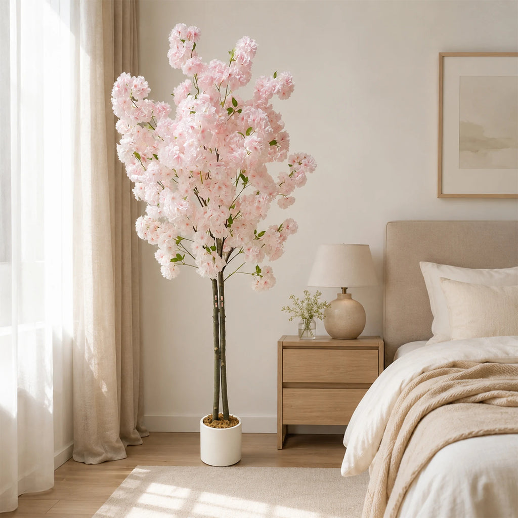 5/6FT Light Pink Faux Cherry Blossom Tree – Double-Trunk Silk Plant in Pot, Ideal for Home, Office, Wedding, Garden, Party, and Hotel Decor