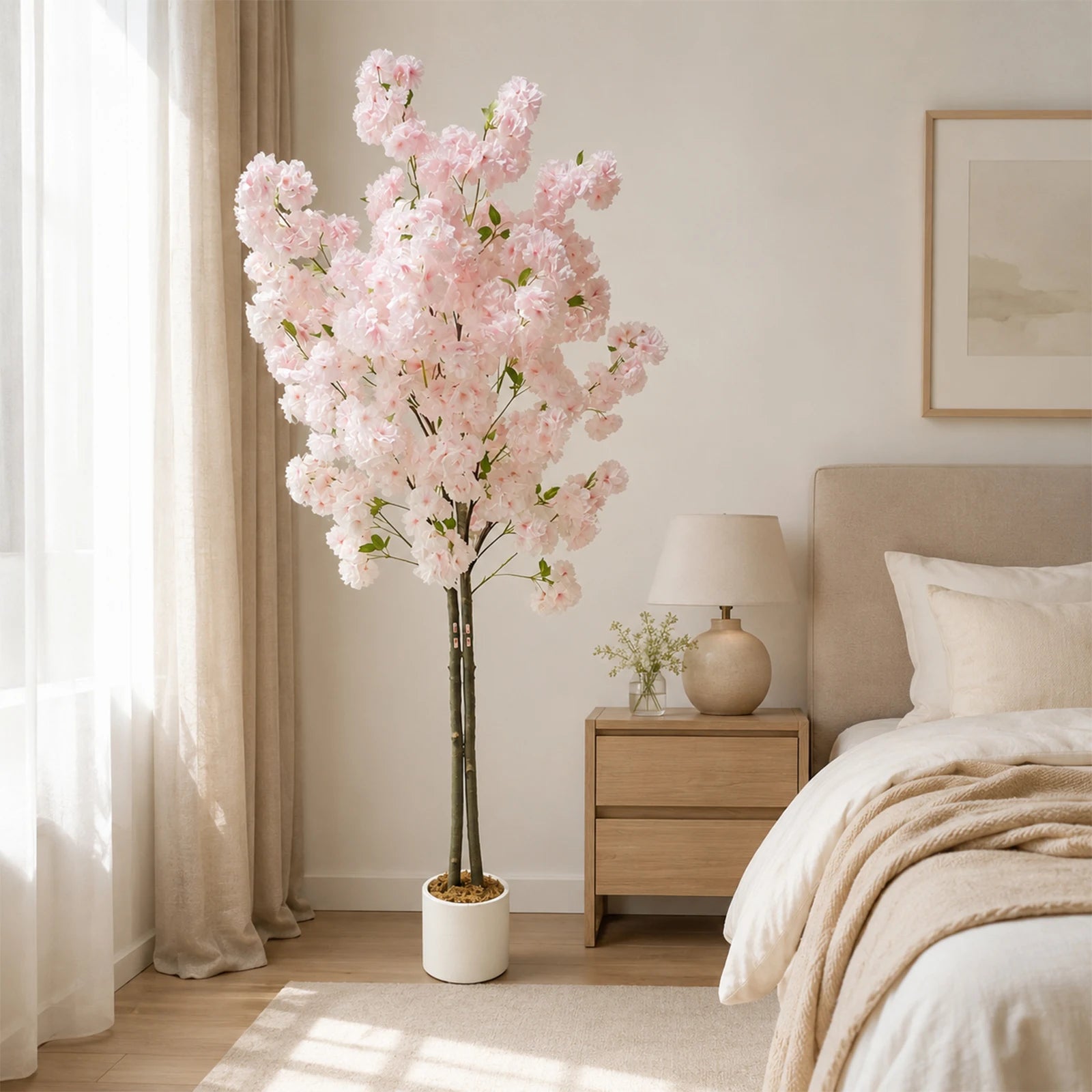 5/6FT Light Pink Faux Cherry Blossom Tree – Double-Trunk Silk Plant in Pot, Ideal for Home, Office, Wedding, Garden, Party, and Hotel Decor