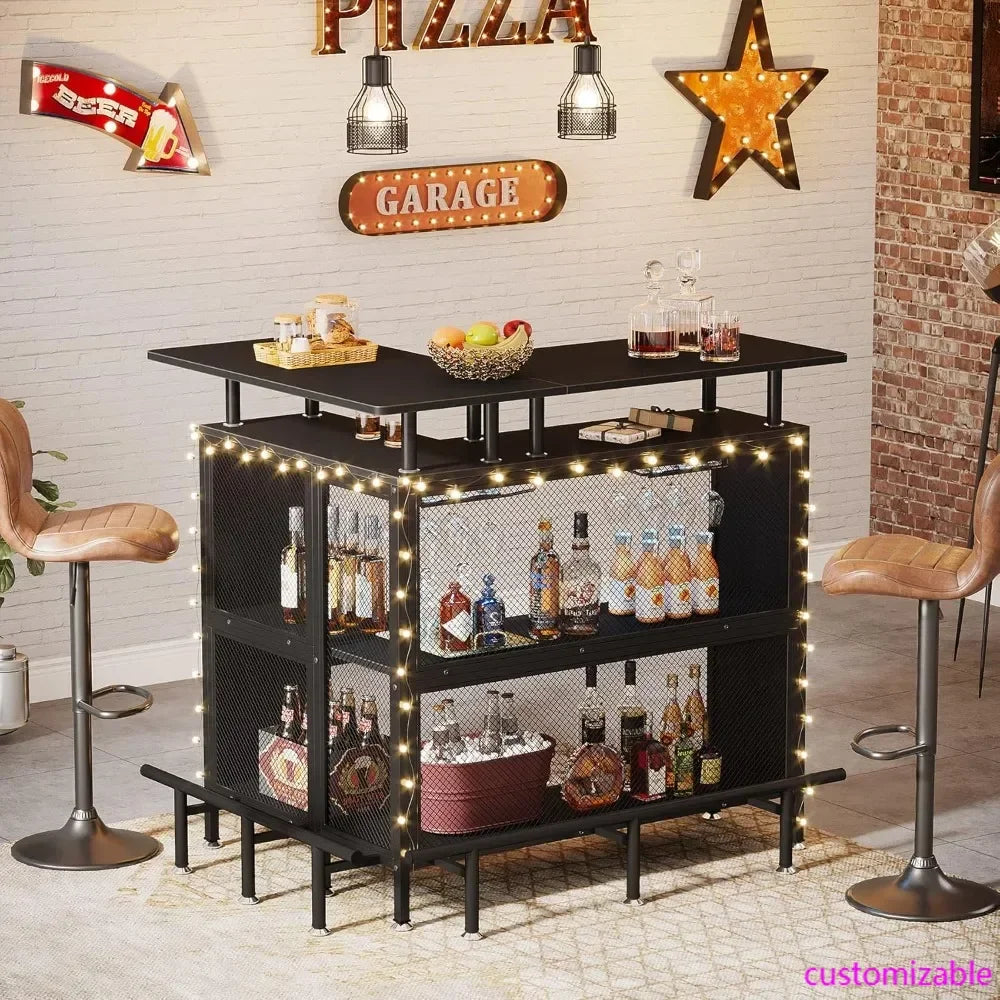 Home Bar Unit, L-Shaped Bar Table with Stemware Racks and 2-Tier Shelves, Corner Mini Coffee Liquor Cabinet with Footrest