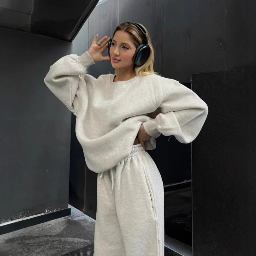 Fashionable Solid Color Loose Round Neck Sweatshirt with Belt/ Casual 2-Piece Set Women's Street Style Polyester Long Pants