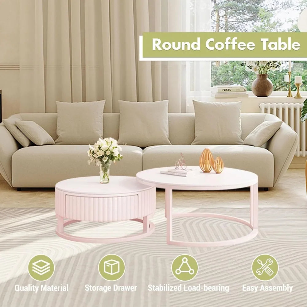 Round Marble Coffee Table with Storage Round Nesting Coffee Table Set of 2 Modern White Coffee Tables for Living Room Coffee Table