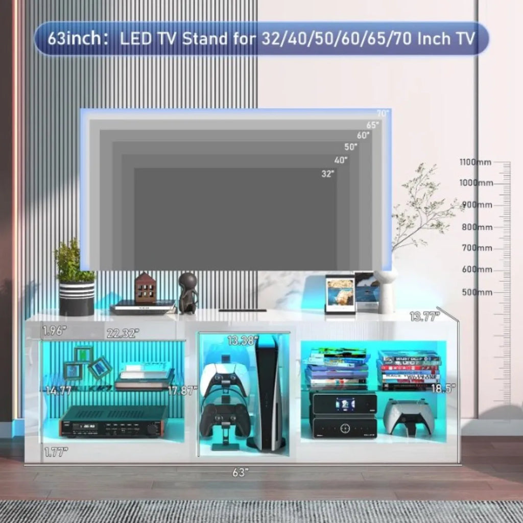 63" LED TV Stand for Televisions up to 70", TV Cabinet with Adjustable Glass Storage Shelves, Modern LED Entertainment Center