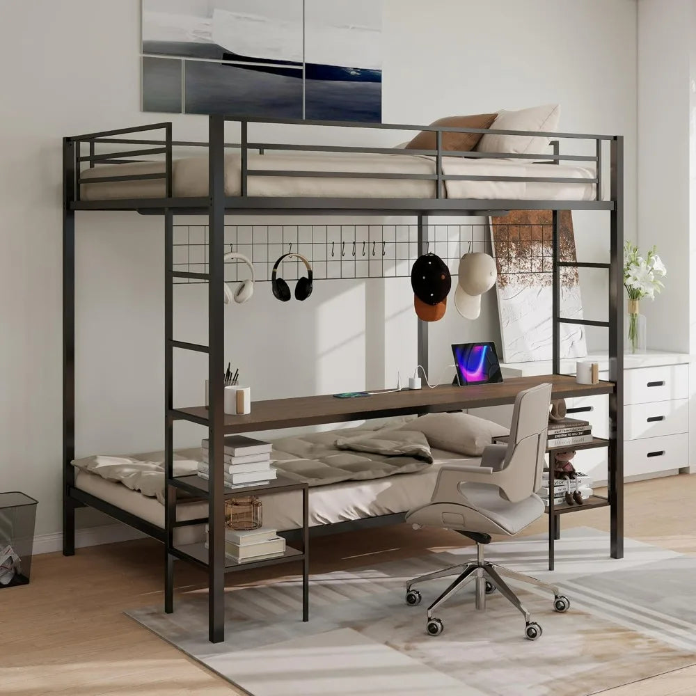 Twin-Over-Full Bunk Bed with Desk, Loft Bed with Desk and Storage, Metal Twin Bunk Beds with Charging Station