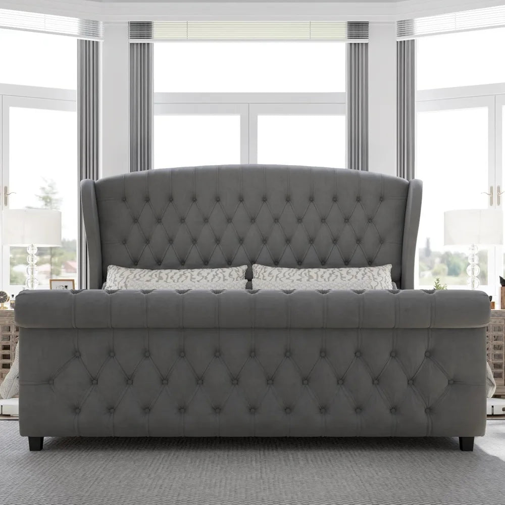 Queen Size Platform Bed Frame, Velvet Upholstered Sleigh Bed with Scroll Wingback Headboard & Footboard/Button Tufted