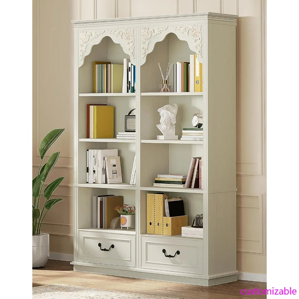 Vintage 70" High 8-Tier Bookshelf with Arched Shelves, Drawers, Roman Columns, and Classic Carved Style