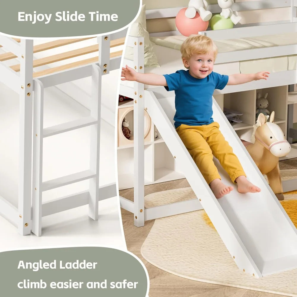 Low Bunk Bed with Slide, Floor Loft Bed with Climbing Ladder, Wood Twin Bunk Bed Frame with Full Guardrails & Storage Space