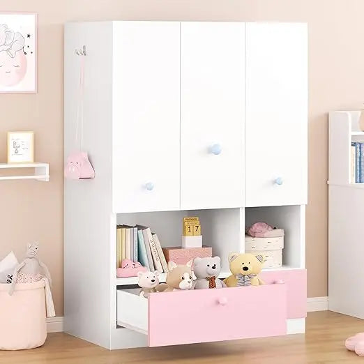 Freestanding Wooden Wardrobe with Adjustable Shelves and Drawers