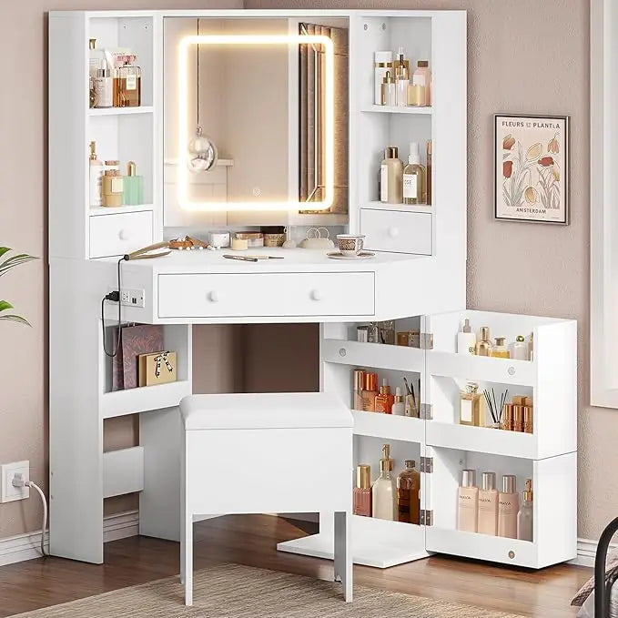 Corner Vanity Desk with Charging Station and Storage, Complete Makeup Vanity with Lighted Mirror and Stool