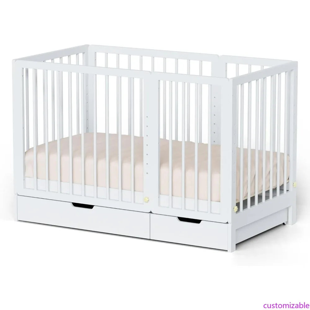 Joymor 8-in-1 Convertible Crib with Changer, Including 2-Inch Mattress, Transforms into Bassinet, Mid-Sized Crib, Full-Size Crib