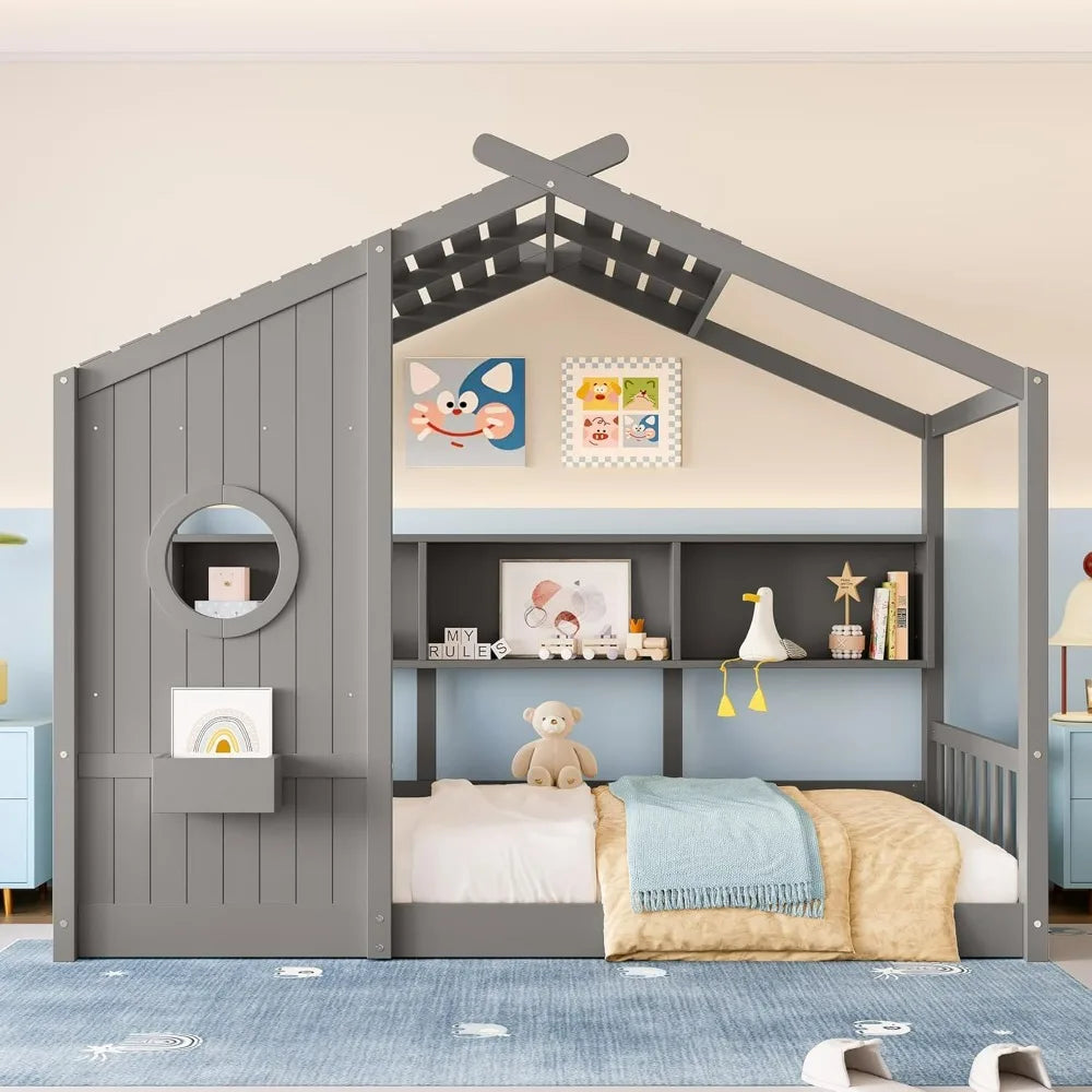 Twin-Sized Storage-Friendly Kids' Montessori Bed with Wooden House Frame and Roof