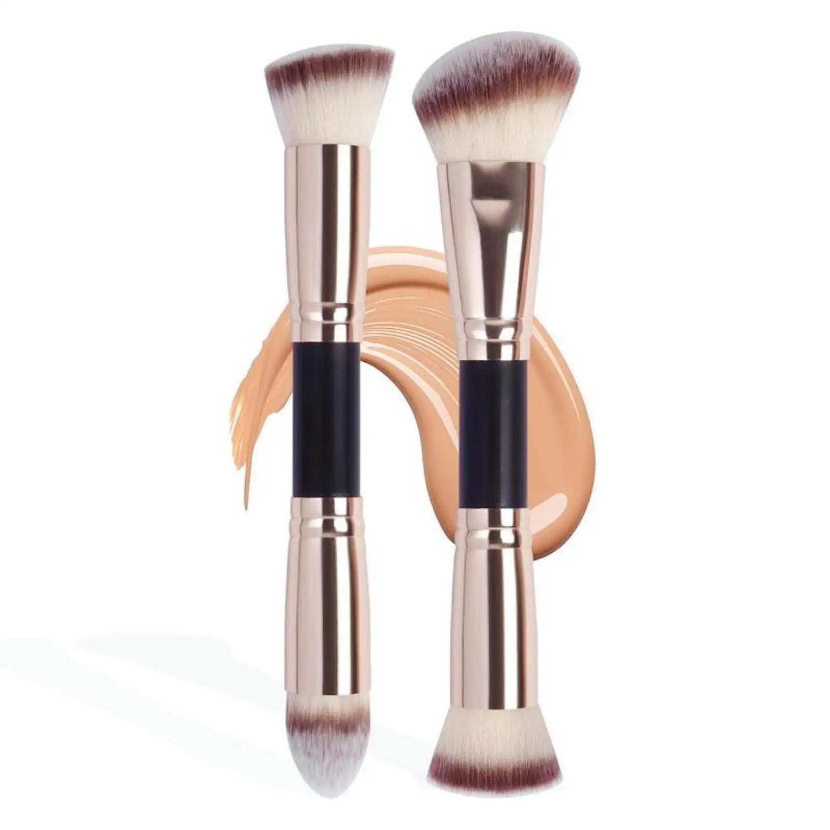 2pcs Double-Ended Foundation Brush Set - Round, Flat Beveled Ends, Soft Nylon Bristles ABS Handle, Unscented Universal Skin Type