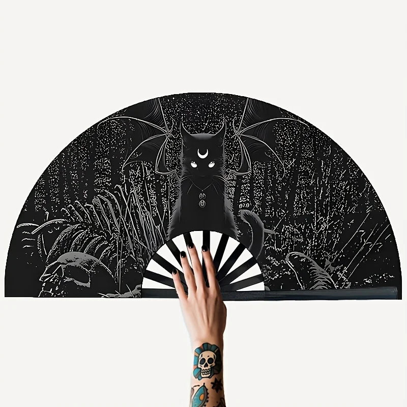 Dark Witch Wind Moon Teeth Black Cat Printed Folding Fan, Starry Sky Forest Handheld Fan, Suitable for Gothic Parties, Gatherings, Dance Performances, Large-scale Events, And Dance Shows.