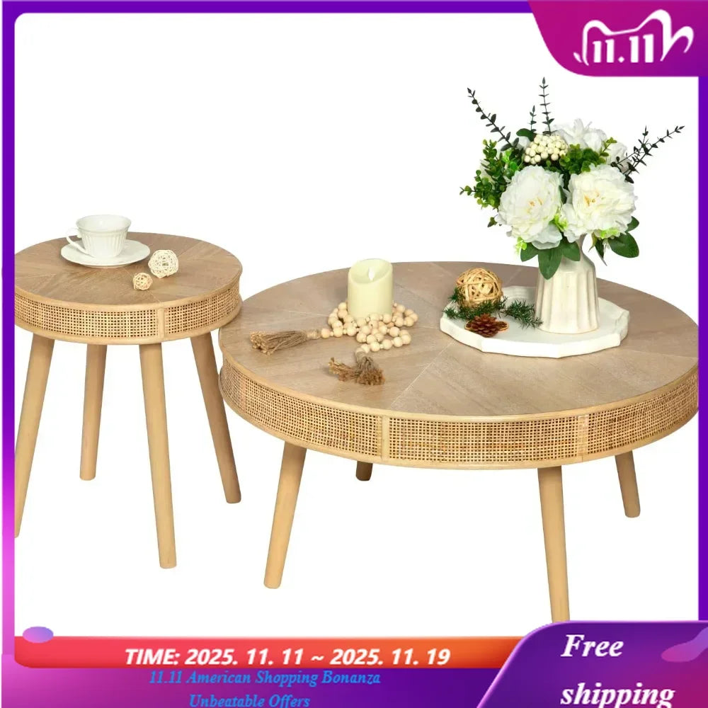 2-Piece Modern Rustic Coffee Table Set Solid Wood Finish Sofa Side Tea Tables with Crafted Rattan End Table