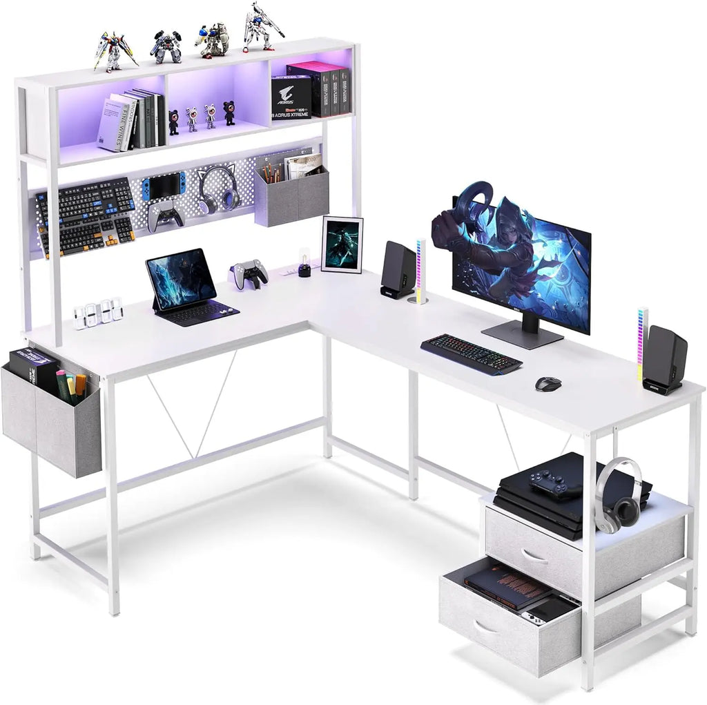 67” L-Shaped Gaming Desk with Pegboard & Drawers, Reversible Computer Desk with RGB Lights & Power Outlets