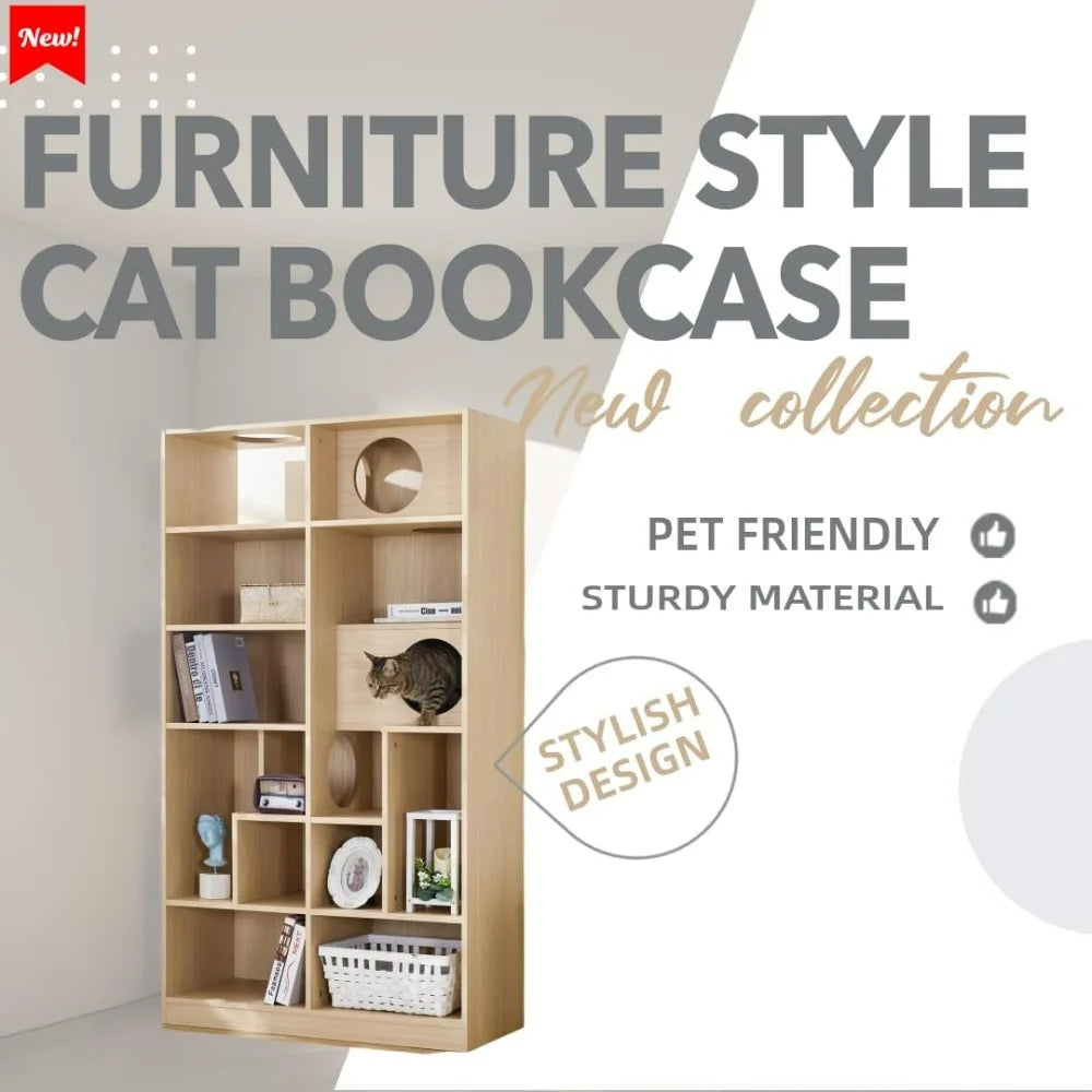 5-Tier Pet-Themed Bookshelf: Stylish Furniture with Cat-Friendly Tree Shelves and Round Hollow Door