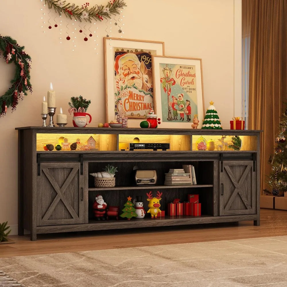 80" LED Farmhouse TV Stand for 90/85/80" TVs, Tall Entertainment Center Storage Cabinets w/Power Outlets and Sliding Barn