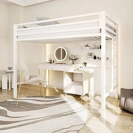 Twin Size Metal Loft Bed with Safety Rail and Ladder, No Box Spring Required, Space-Saving Cream White Bedroom Furniture
