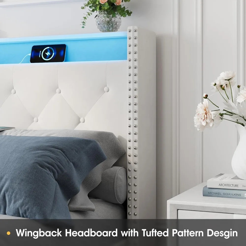 Full Size Bed Frame with LED Headboard & Lift Up Storage, Velvet Upholstered