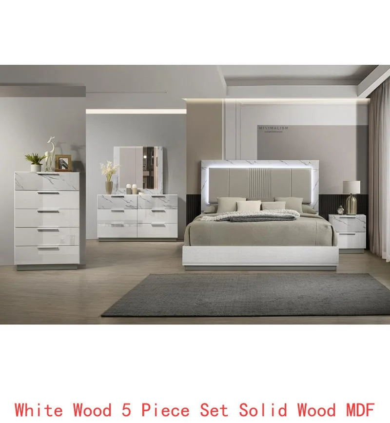 5-Piece Two-Tone High-Gloss Marble and Lacquer Finish Nightstand Set with LED Lighting, Spacious Velvet-Lined Storage, White