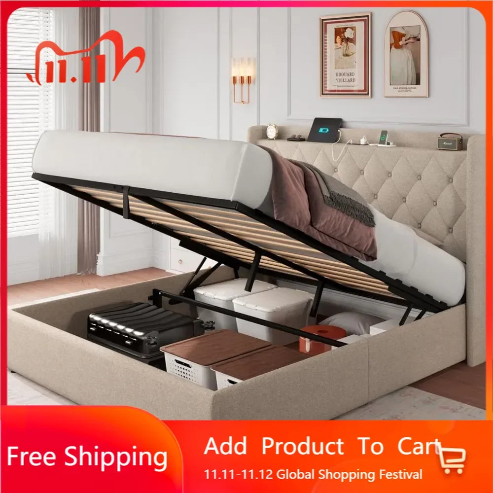 Queen Size Lift Up Storage Bed Frame with Charging Station, Upholstered Platform Bed Frame with Tufted Headboard, Hydraulic