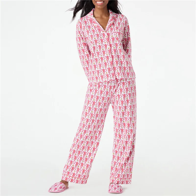 Roller Rabbit Monkey Pajamas Preppy Pjs Cute Pj Pants Sets For Women Y2k Long Sleeve Pajamas Set 2 Piece Loungewear