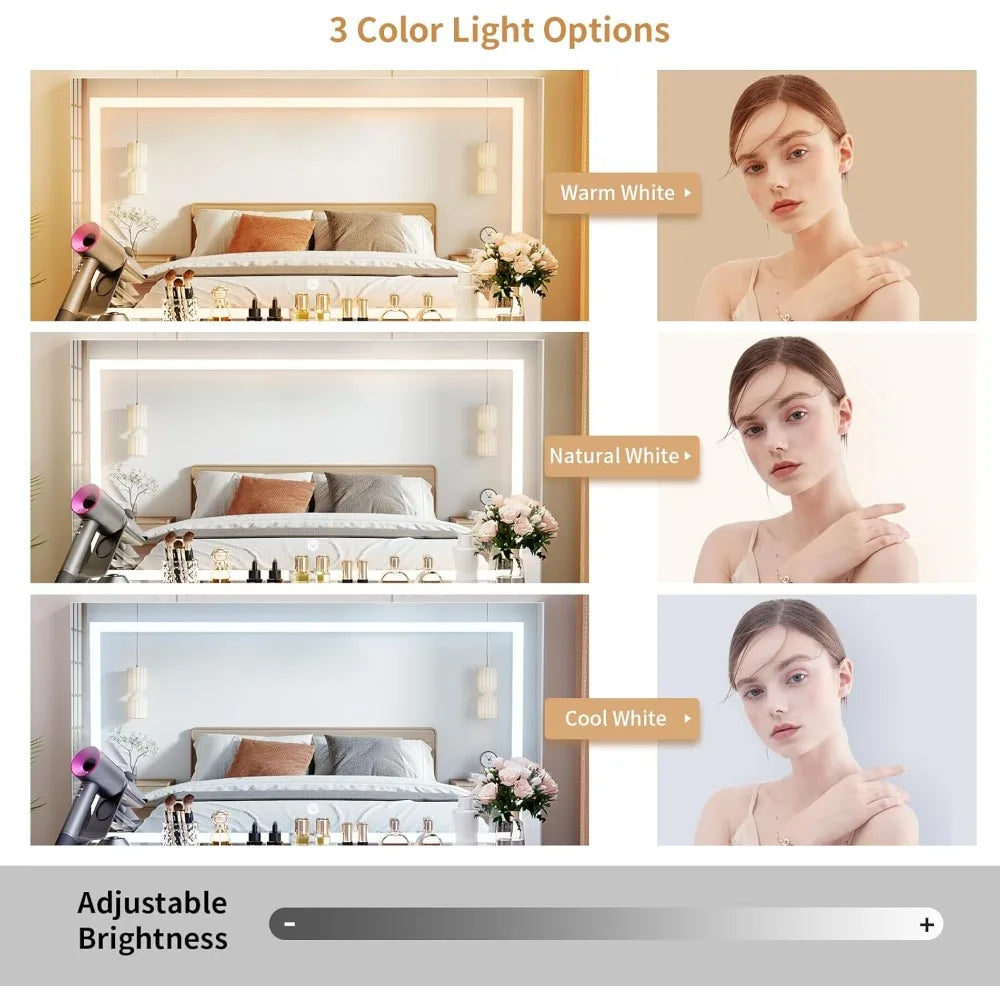 Illuminated Vanity Desk with Power Outlet, 9 drawers, 3-Color Light Modes, Adjustable Brightness, 43" tabletop