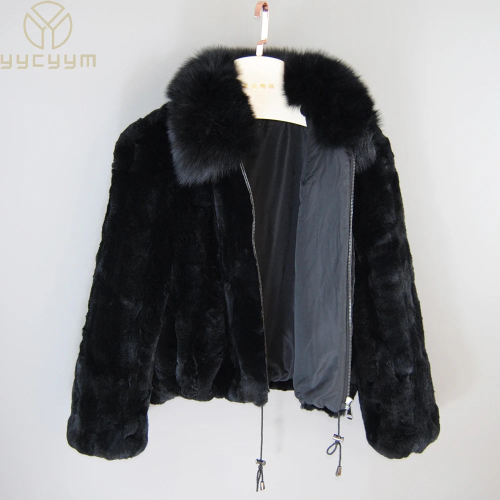 New Fashion Lady 100% Natural Rex Rabbit Fur Coat/ Women Winter Thick, Warm, Real Rex Rabbit Fur Jacket With Quality Fox Fur Collar