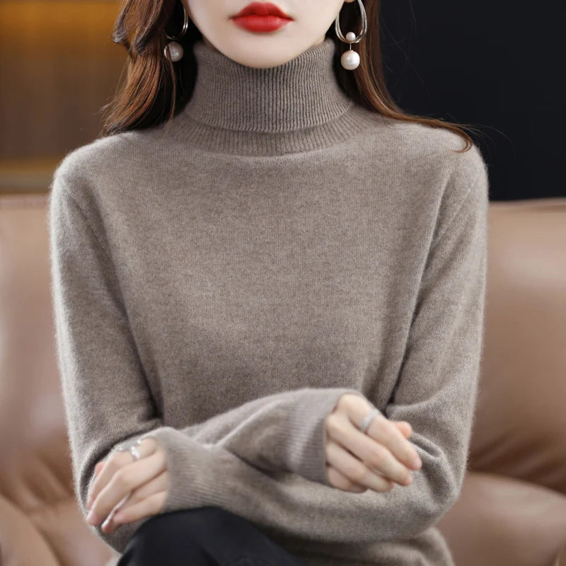 100% Merino Wool Cashmere Sweater Women Knitted Sweater Turtleneck, Long Sleeve Pullovers Autumn/ Winter Clothing