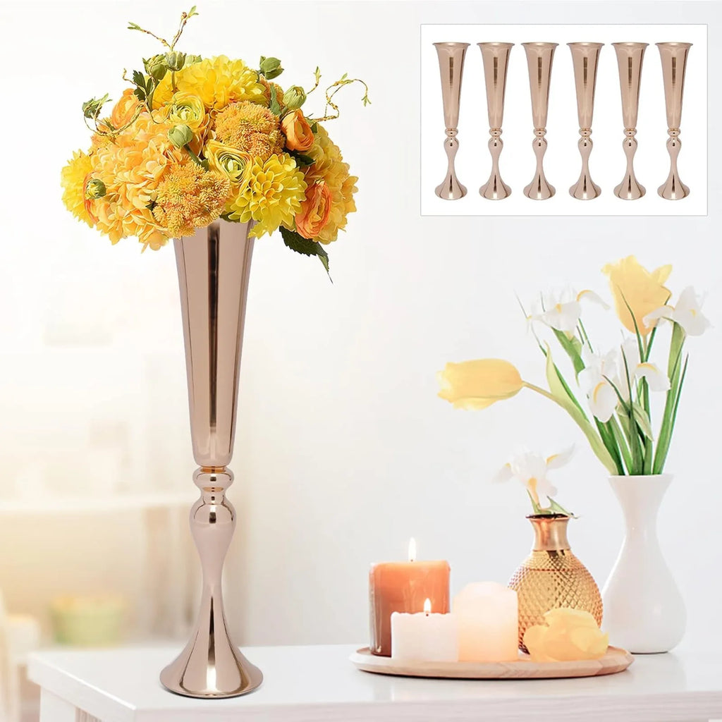 6 Pcs 22.2" Tall Gold Vases for Centerpieces, Tall Wedding Flower Vase with Gold-Plated Finish, High-Foot Design, Metal Trumpet Centerpieces/ Vases for Wedding Party Event