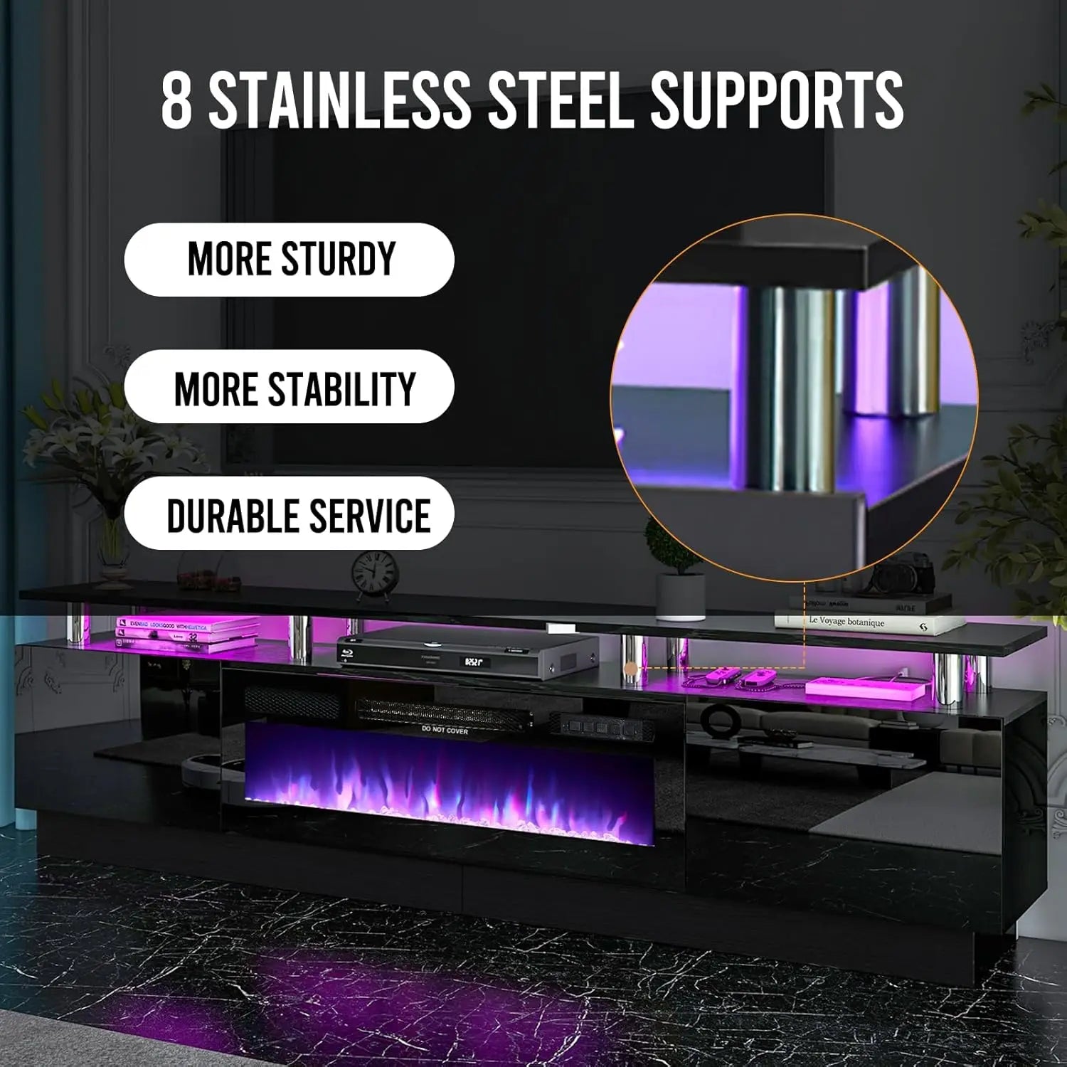 Fireplace TV Stand with 36” Electric Fireplace, 2 Tier TV Console Stand for TVs Up to 90"", LED Light Entertainment Center