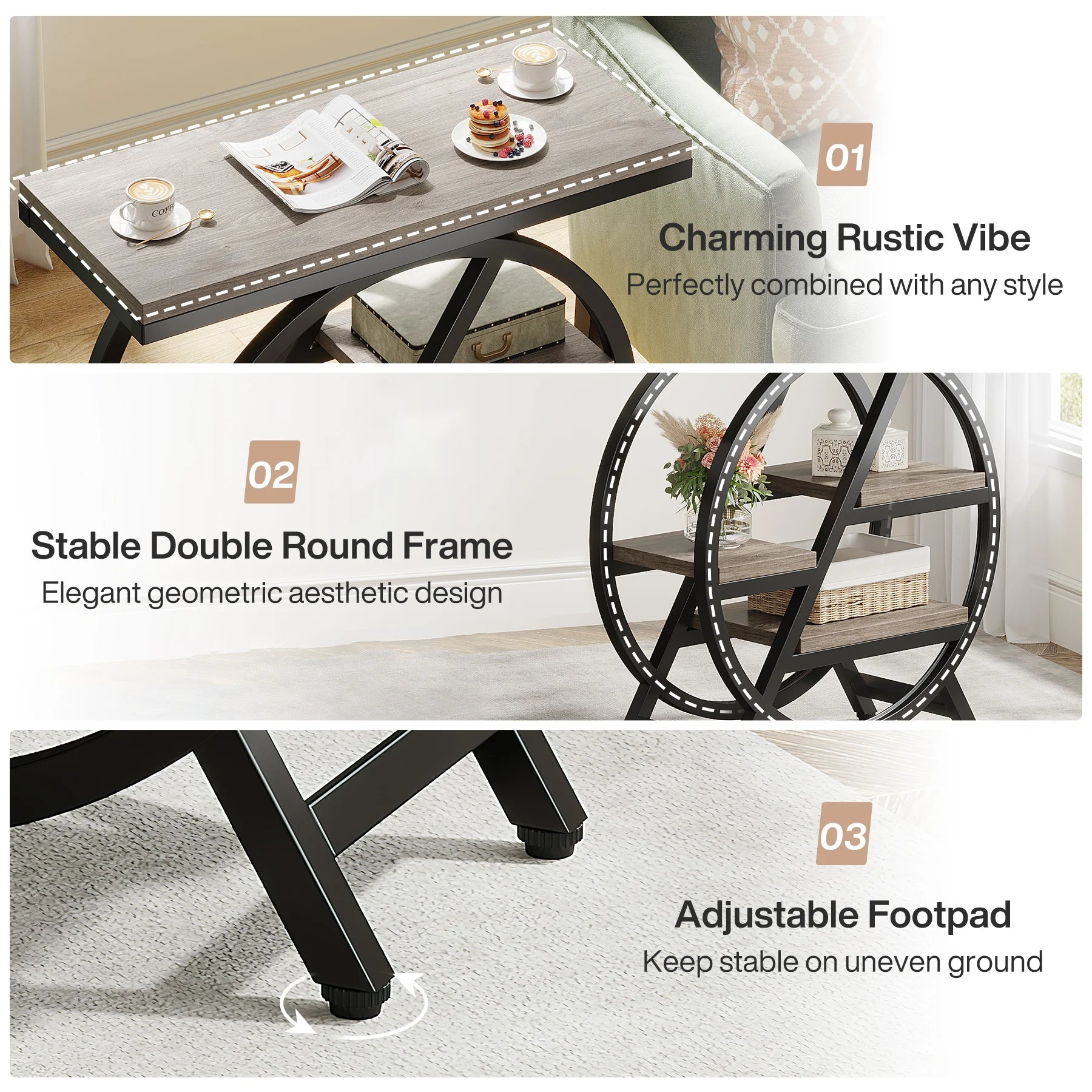 Tribesigns End Table for Living Room, 3-Tier Narrow Side Table with Storage, Wood Sofa Side Table with Geometric Metal Frame