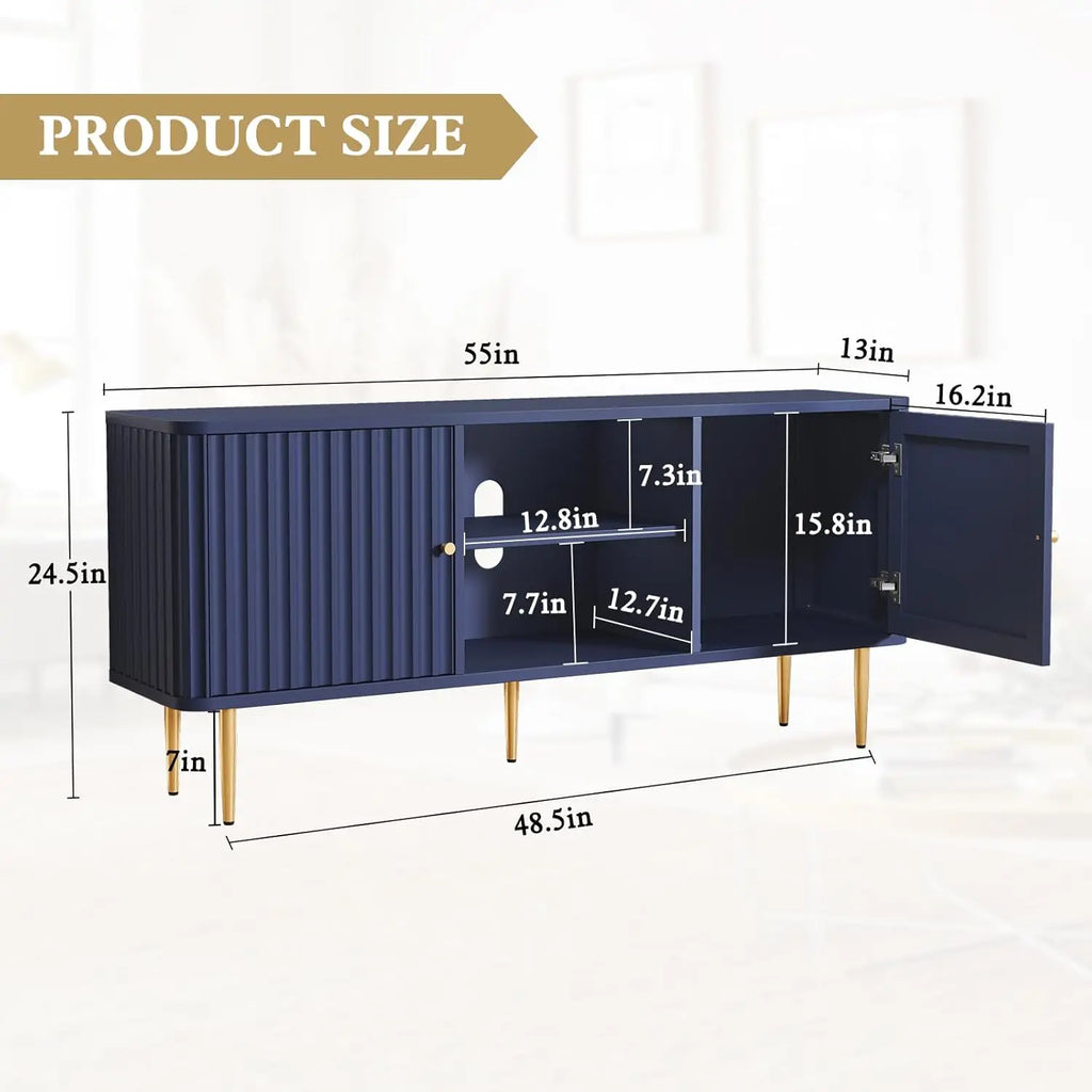 55” Fluted TV Stand, Mid Century Modern Blue TV Stand for 55/60/65 inch TV, Entertainment Center with Storage, Television