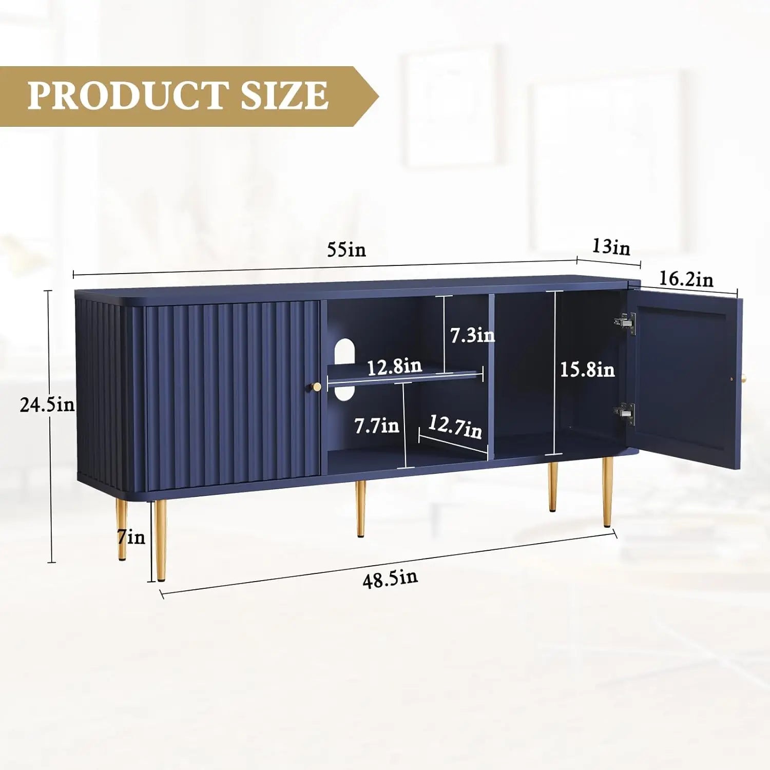 55” Fluted TV Stand, Mid Century Modern Blue TV Stand for 55/60/65 inch TV, Entertainment Center with Storage, Television